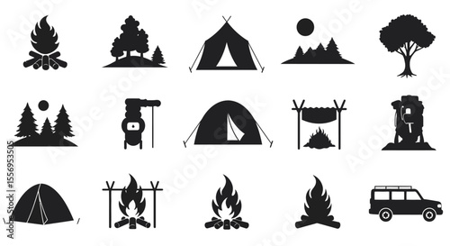 A vibrant vector illustration of a camping icons collection with symbols for travel, mountain, sea, and tent designs, perfect for summer tourism