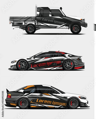 Three Vehicle Wrap Designs Truck Sports Car and Sedan with Custom Graphics