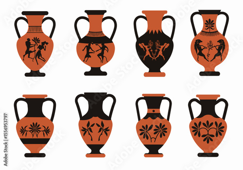 Set of eight ancient Greek vases with various illustrations of human figures and plant motifs, depicting classical art and history on a white background.