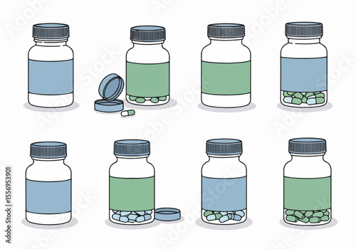 Simple vector illustration showing a collection of medicine bottles filled with pills and capsules, some open, depicting health, healthcare, and treatment.