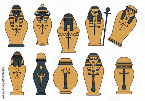 Ancient Egyptian Sarcophagi and Canopic Jars Vector Illustration Set