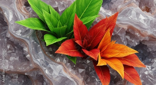 Vibrant Green and Red Leaves Emerging from a Textured Purple Rock Surface