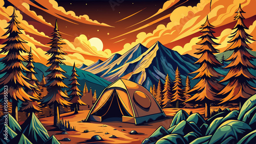 Glowing camping tent set against rugged mountain terrain under a dramatic evening sky, symbolizing outdoor adventure, solitude, and wilderness exploration. Ideal for travel, camping vector