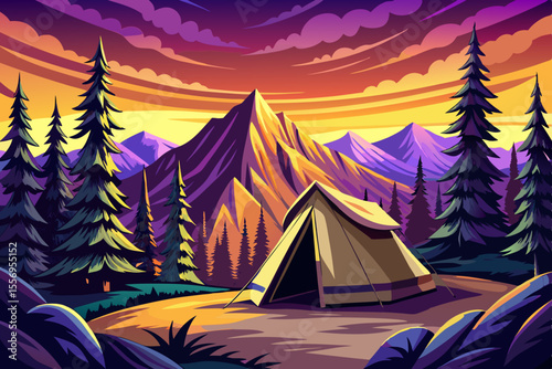Glowing camping tent set against rugged mountain terrain under a dramatic evening sky, symbolizing outdoor adventure, solitude, and wilderness exploration. Ideal for travel, camping vector