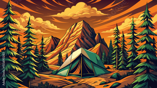 Glowing camping tent set against rugged mountain terrain under a dramatic evening sky, symbolizing outdoor adventure, solitude, and wilderness exploration. Ideal for travel, camping vector