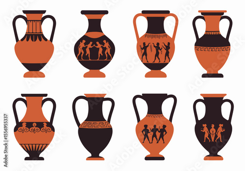 Set of Ancient Greek Vases Illustration with Figures and Patterns