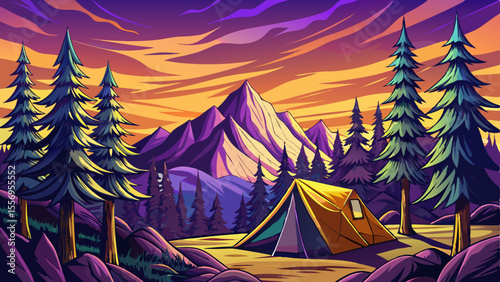 Glowing camping tent set against rugged mountain terrain under a dramatic evening sky, symbolizing outdoor adventure, solitude, and wilderness exploration. Ideal for travel, camping vector