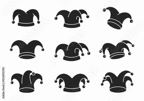 Set of black jester hat silhouettes with bells, icons isolated on white background. Vector illustration for carnival, comedy, and entertainment design.