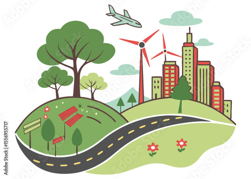 Sustainable city landscape with wind turbines, park, and airplane flying above, a vector illustration