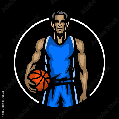 Logo of a basketball player with a ball in his hands on dark background.