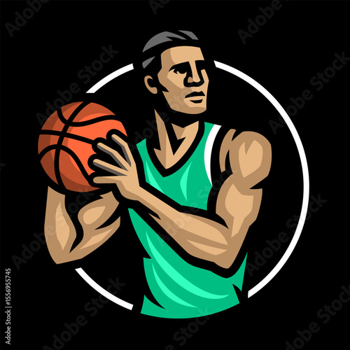 Logo of a basketball player with a ball in his hands on dark background.