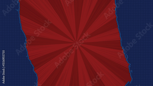 Red Torn Paper Sunburst Background on Blue Halftone Background