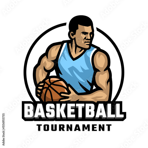 Logo of a basketball player with a ball in his hands.