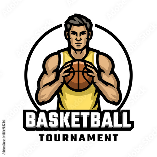 Logo of a basketball player with a ball in his hands.