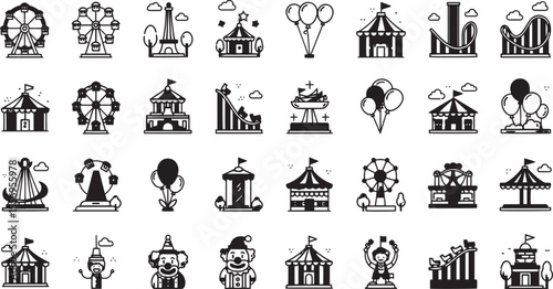 Amusement Park Icons Ferris Wheel, Carousel, Circus Tent, and More EPS Vector Illustrations