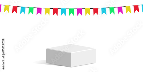 Cube block podium stage pedestal and platform with festival flag scene, vibrant geometric display composition. Ideal for event promotions, celebratory showcases, awards ceremonies and festive