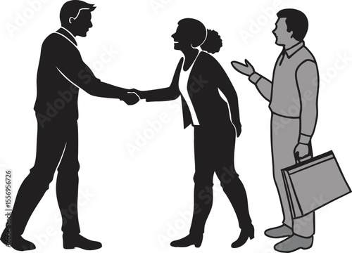 Illustration of Business Professionals Concluding a Deal with Handshake Accompanied by a Colleague Holding a Briefcase Depicting Corporate Interactions