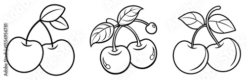 Cherry Fruit Vector Set: Sweet, Fresh, Healthy Food, Stem, Leaf, Minimalist Line Drawing