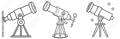 Telescope Vector Set: Astronomy, Star Gazing, Scientific Research, Exploration, Line Art Icon