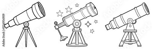 Telescope Vector Set: Astronomy, Star Gazing, Scientific Research, Exploration, Line Art Icon