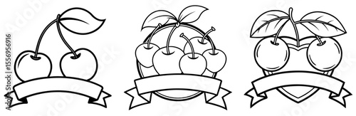 Cherry Fruit Badge Vector Set: Logo, Emblem, Label, Banner, Leaves, Sweet, Food, Outline Illustration