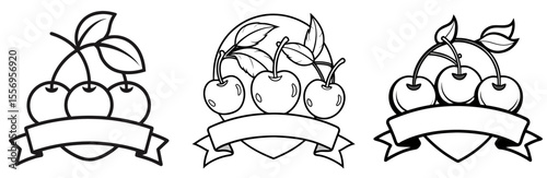 Cherry Fruit Badge Vector Set: Logo, Emblem, Label, Banner, Leaves, Sweet, Food, Outline Illustration