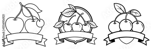 Cherry Fruit Badge Vector Set: Logo, Emblem, Label, Banner, Leaves, Sweet, Food, Outline Illustration