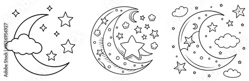 Moon and Stars Vector Set: Night Sky, Celestial, Dream, Cloud, Galaxy, Cosmic, Magic Line Art