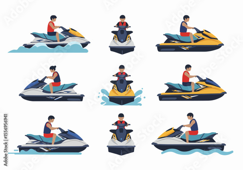 Set of flat design vector illustrations showing people riding jet skis on water from various angles.