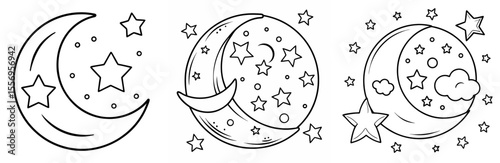 Moon and Stars Vector Set: Night Sky, Celestial, Dream, Cloud, Galaxy, Cosmic, Magic Line Art