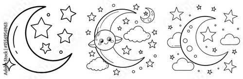 Moon and Stars Vector Set: Night Sky, Celestial, Dream, Cloud, Galaxy, Cosmic, Magic Line Art