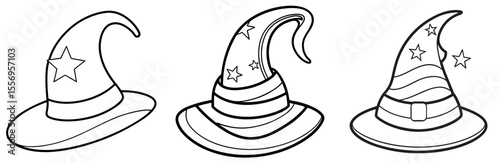 Wizard and Witch Hat Vector Set: Magic, Halloween, Costume, Pointed Cap, Starry, Outline Drawing