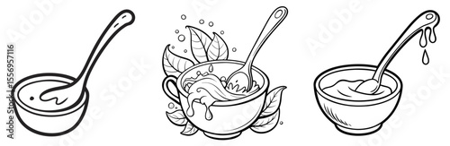 Spoon and Bowl Vector Set: Cereal, Soup, Stirring, Liquid Food, Minimalist Line Drawing
