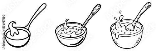 Spoon and Bowl Vector Set: Cereal, Soup, Stirring, Liquid Food, Minimalist Line Drawing