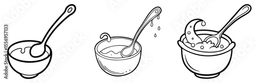 Spoon and Bowl Vector Set: Cereal, Soup, Stirring, Liquid Food, Minimalist Line Drawing