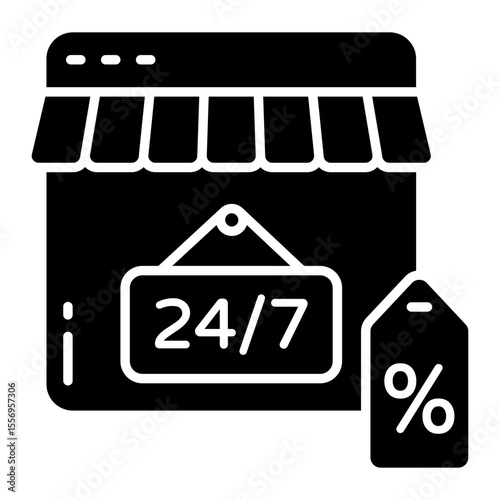 A glyph design icon of 24/7hr sale