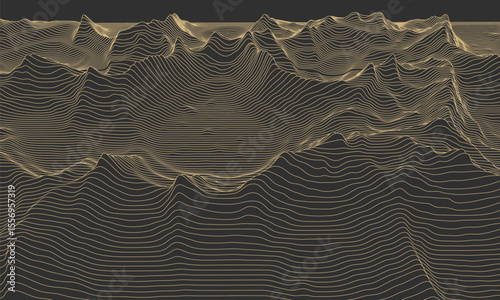Contour mountain landscape. Waved line art. Abstract minimal topographic map. Contour lines with elevations and terrain depth. Vector illustration.