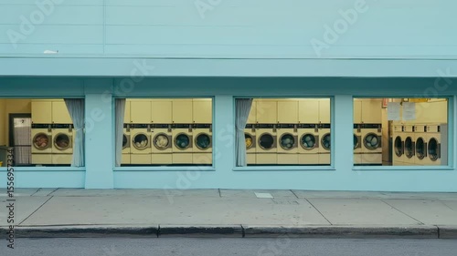 Exterior shot of a vibrant retro laundromat with washing machines in the windows