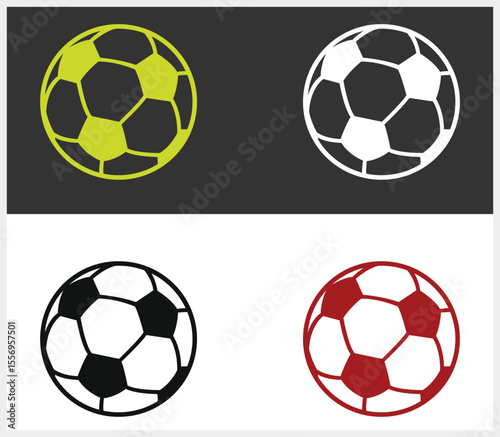 Four stylized soccer balls in different colors on contrasting backgrounds