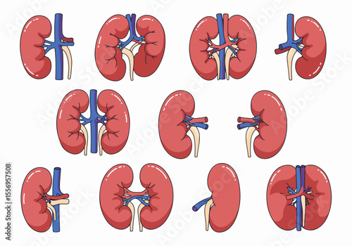 Collection of Cartoon Human Kidney Illustrations from Various Angles for Medical Education and Health Content
