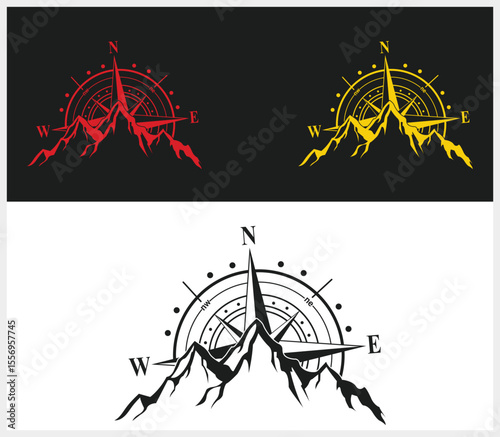 Mountain Peak Compass Rose Navigation and Adventure Logo Design Variations