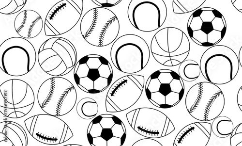 Seamless pattern of various sports balls, soccer, basketball, volleyball, baseball, tennis, and rugby. Ideal for sports,themed,wallpaper,cover,backgrounds, kids prints, and digital designs.