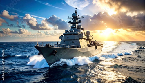 Majestic Warship at Sunset A Powerful Naval Vessel Sailing the Ocean