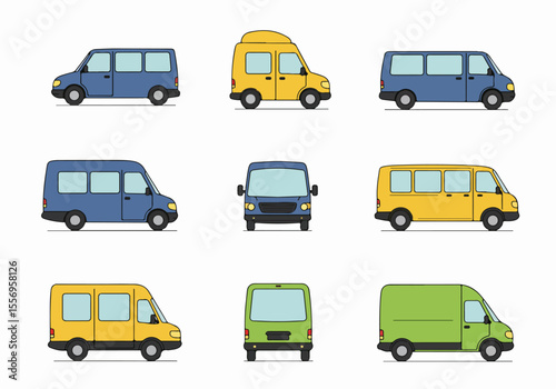 Set of cartoon vans and minivans in different colors and views including side, front, and back on a white background.