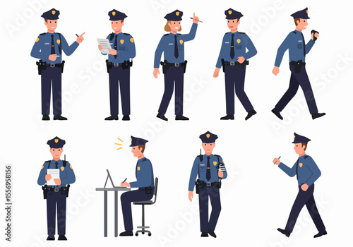 Collection of Cartoon Police Officers in Various Poses and Actions, Including Standing, Walking, Writing, and Working on a Laptop, Flat Vector Illustration Set