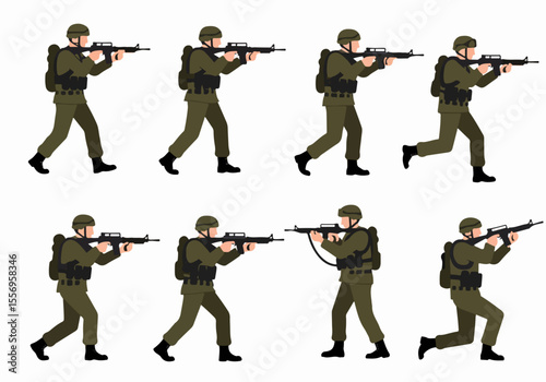 Collection of soldier illustrations in various combat poses including standing, walking, running, and kneeling with rifle on white background.