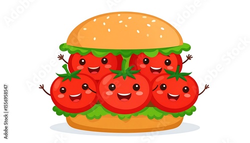 Cute cartoon burger with happy tomatoes