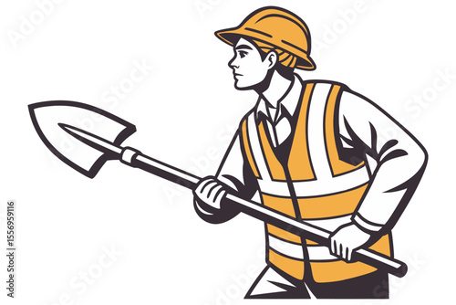 Road Construction Worker with Shovel on Clean Background
