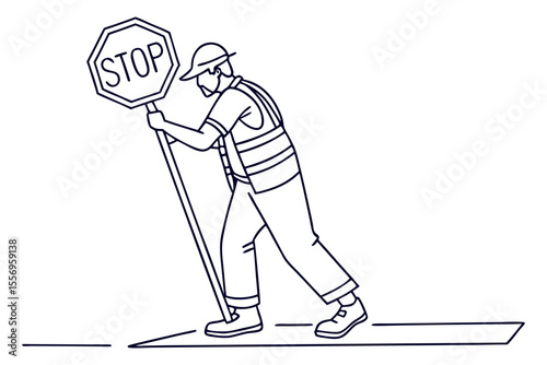 Construction Worker with Stop Sign on White Background