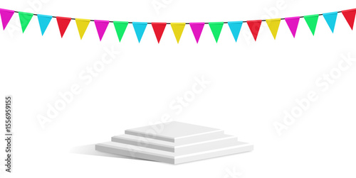 Cube block podium stage pedestal and platform with festival flag scene, vibrant geometric display composition. Ideal for event promotions, celebratory showcases, awards ceremonies and festive